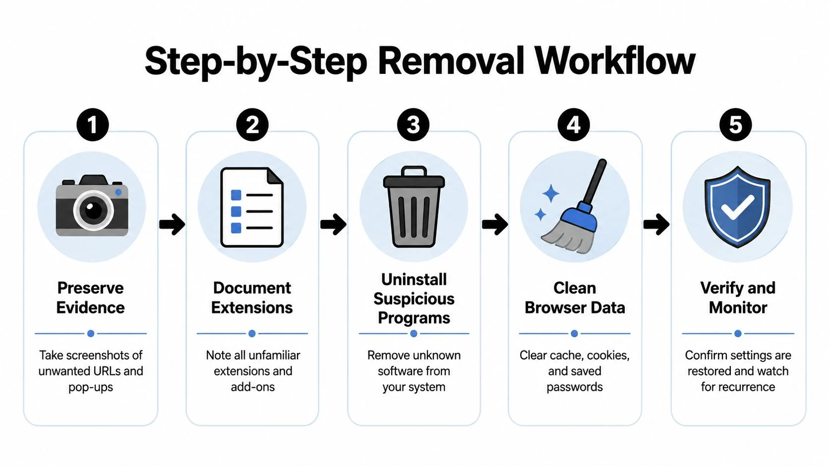 A five-step infographic showing the removal workflow for browser hijackers including preservation, documentation, uninstallation, cleaning, and monitoring.