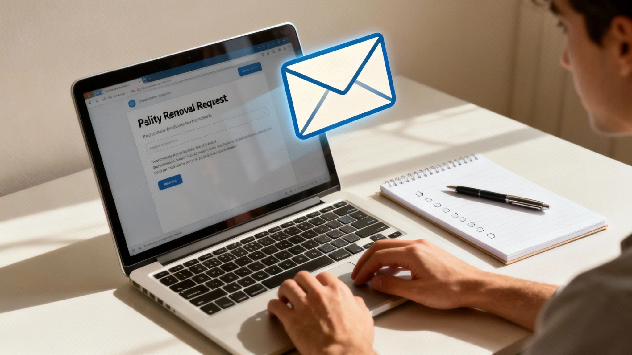 An email draft on a laptop screen with a hand reaching for the send button, symbolizing a direct request for content removal.