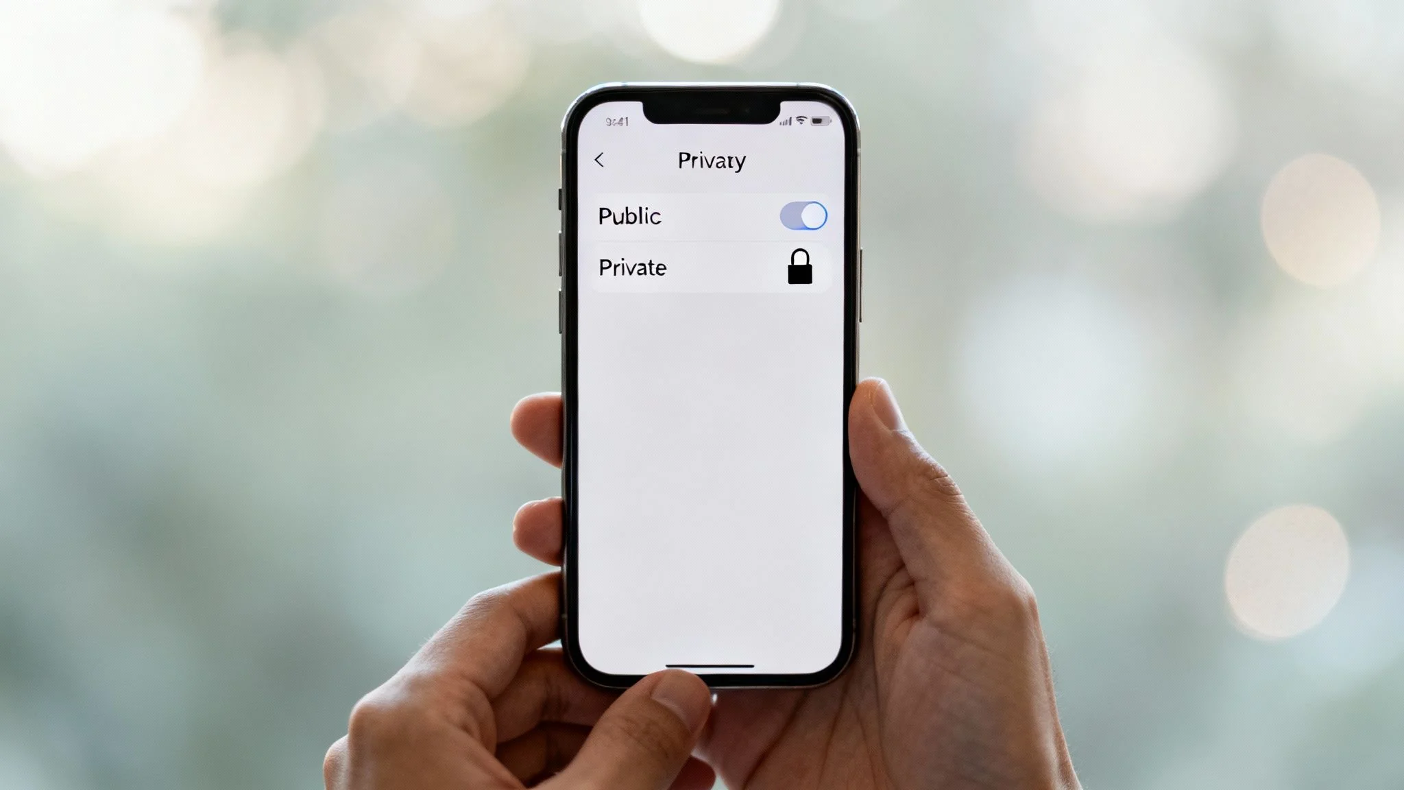 Hands hold a smartphone displaying privacy settings with a public/private toggle on a blurred background.