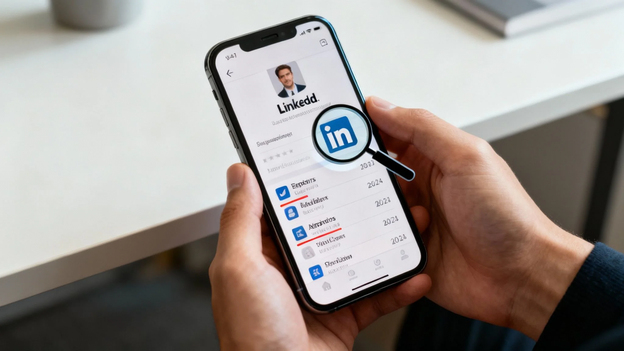 Person holding smartphone viewing LinkedIn profile with employment history and verification details displayed