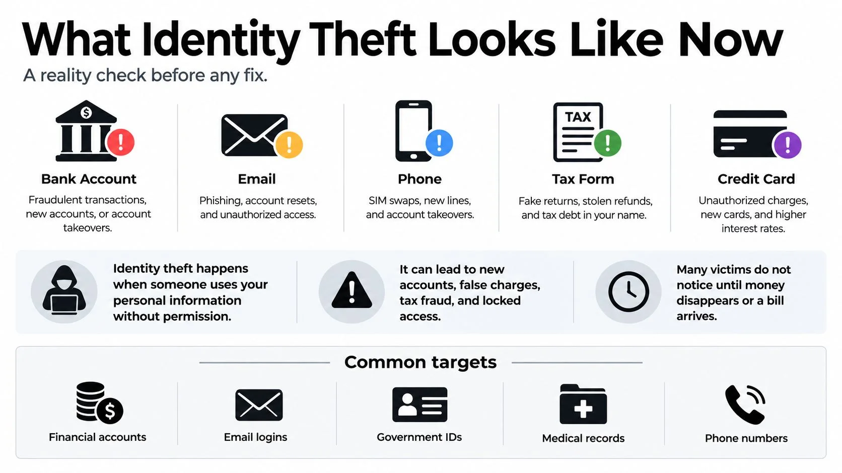 An infographic titled What Identity Theft Looks Like Now showing common targets and methods of fraud.