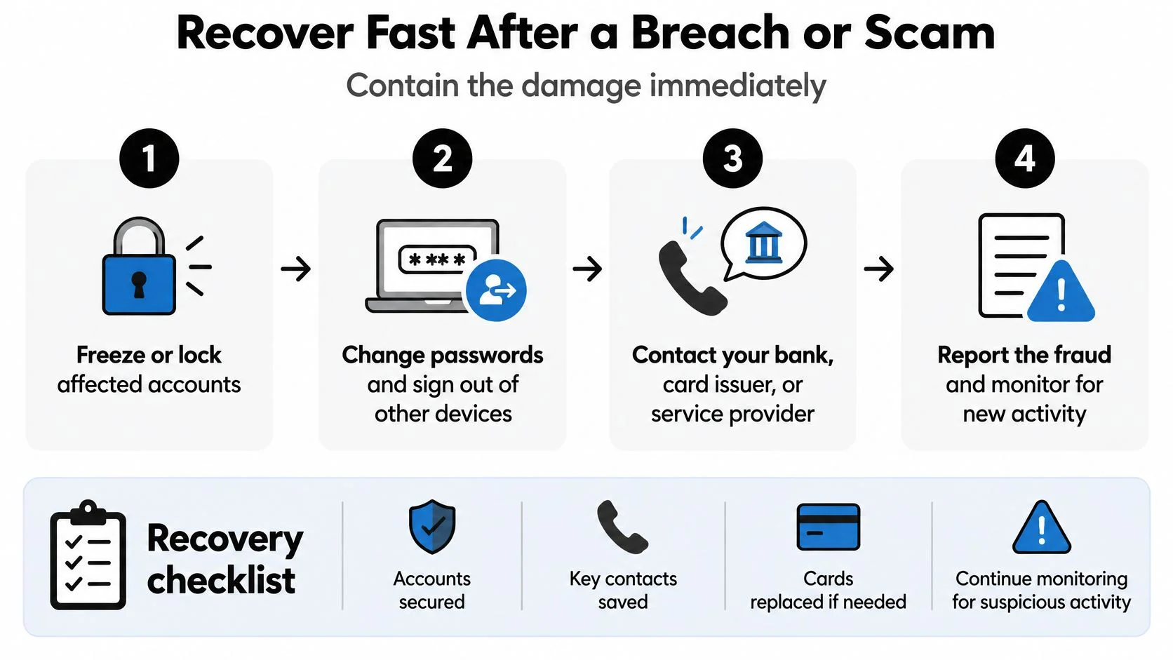 A step-by-step infographic showing how to recover from a security breach or online scam effectively.