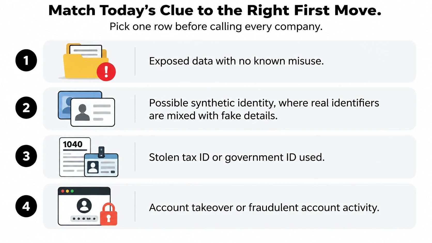 An infographic showing four numbered icons representing different types of identity theft scenarios for risk assessment.
