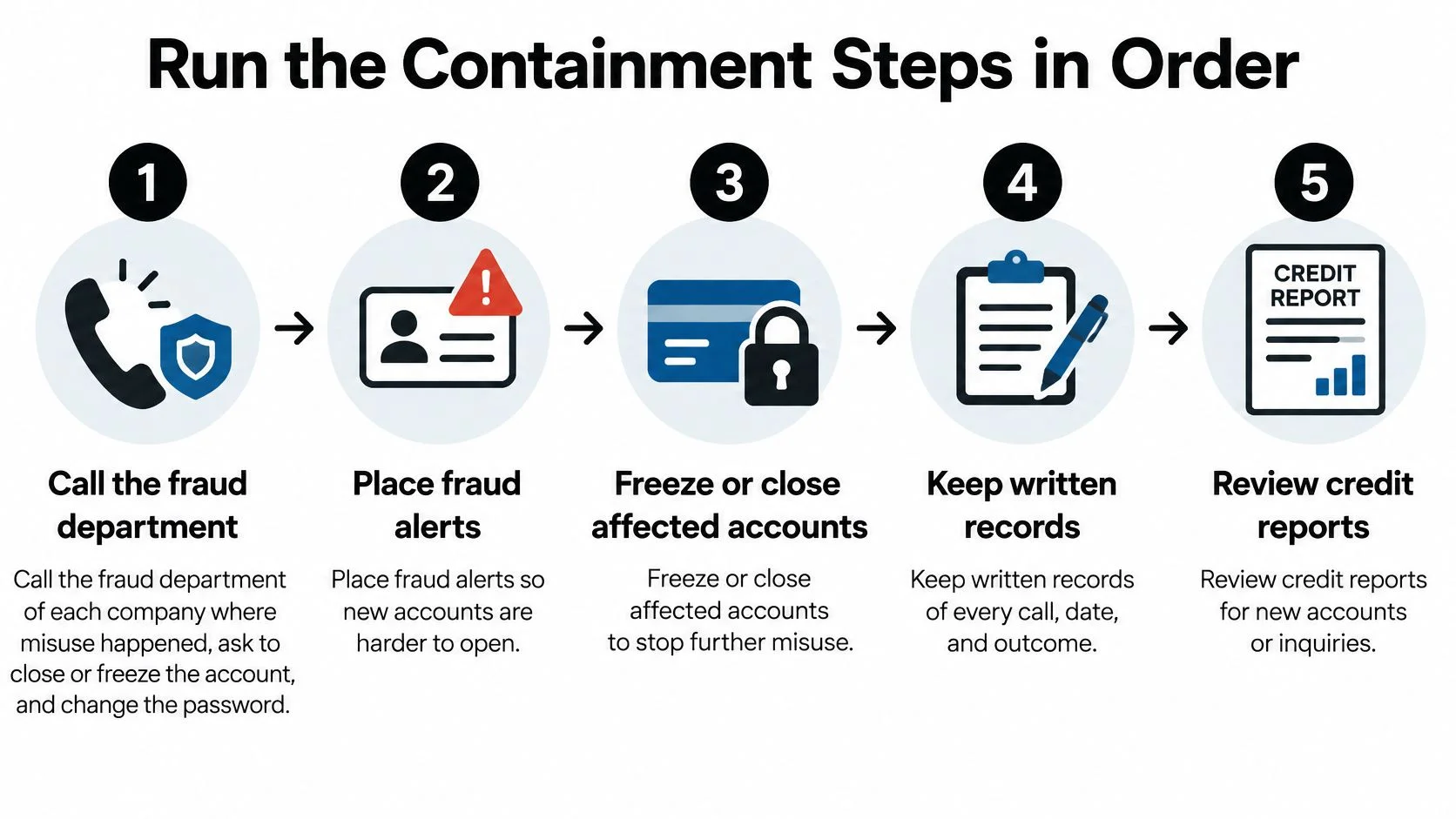 A numbered flowchart outlining five steps to contain identity theft, starting from contacting fraud departments.