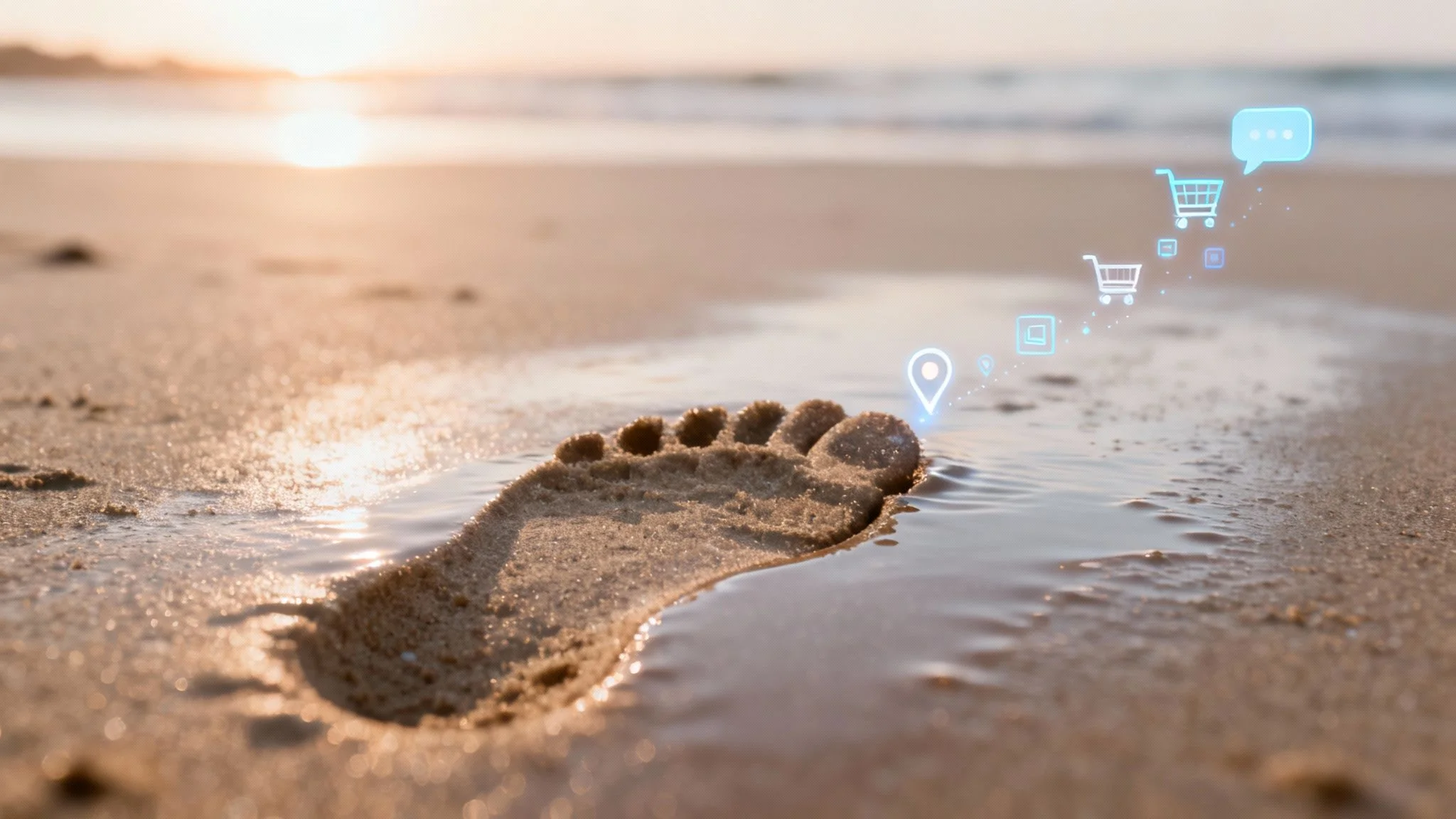 A footprint in wet sand on a beach at sunset, with digital icons indicating online activity.