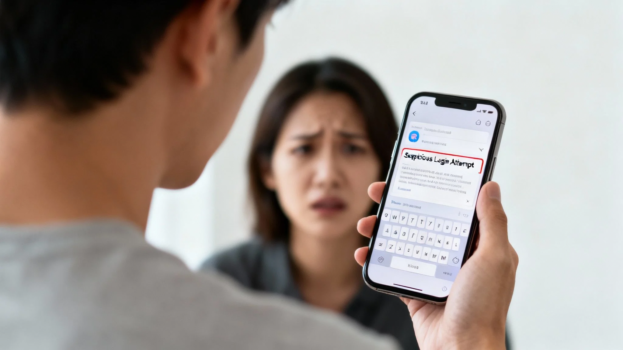 A worried woman in the background as a person holds a phone displaying a "Suspicious Login Attempt" message.