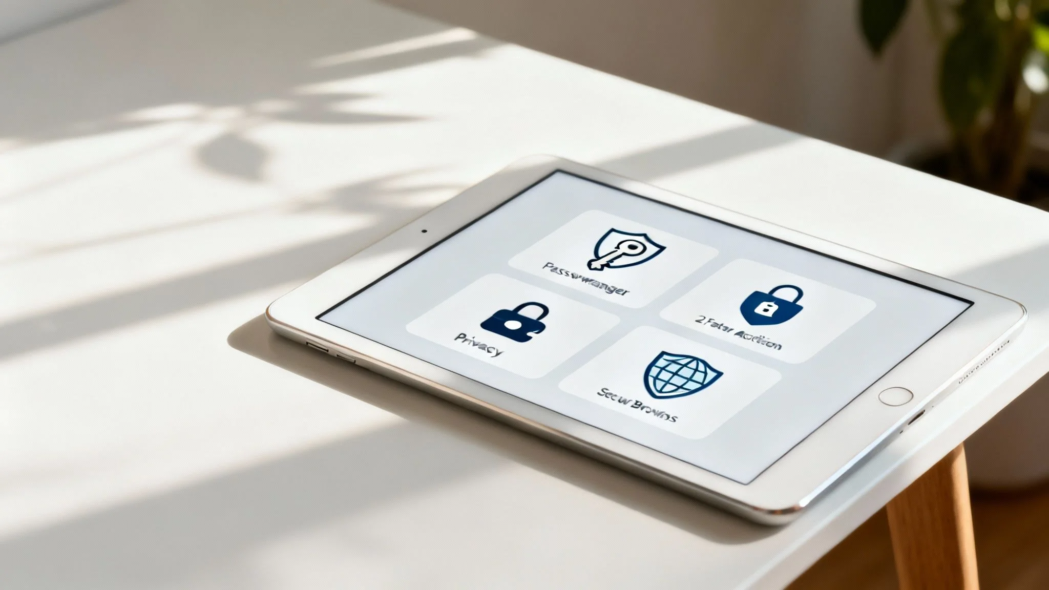 A white tablet displays a menu with icons for pass manager, privacy, two-factor authentication, and secure browsing.