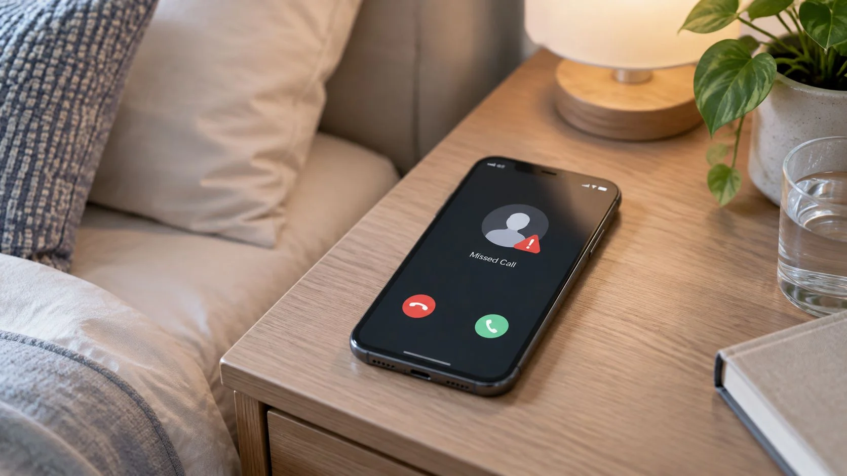 A smartphone resting on a wooden nightstand displays a missed call notification with a red alert icon.