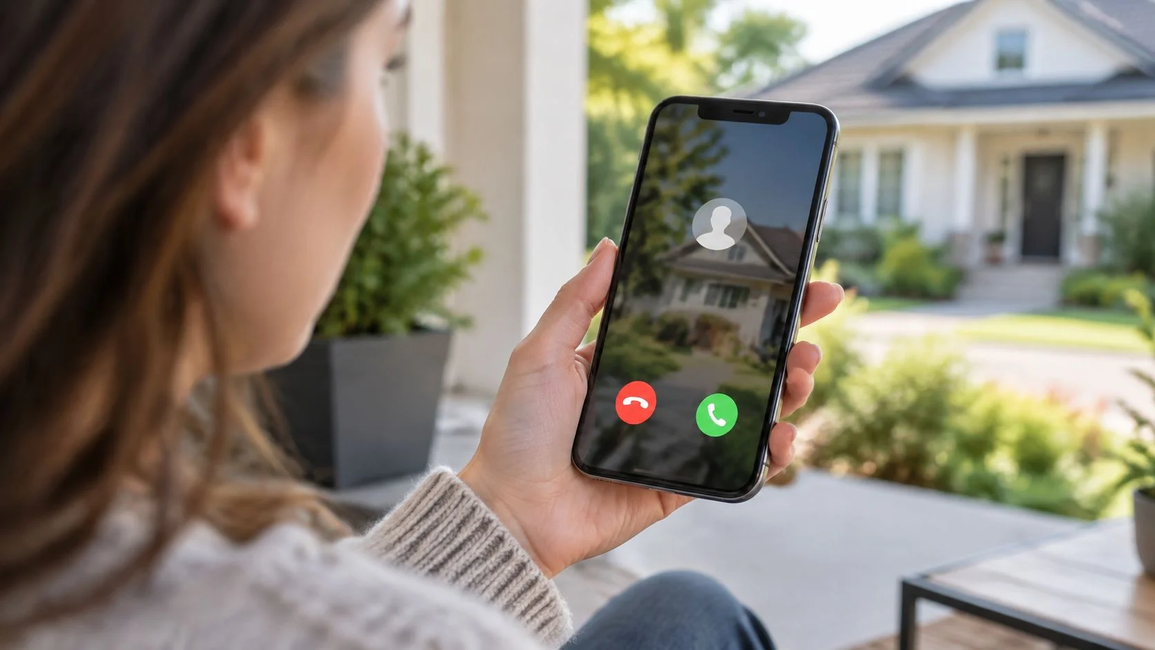 A woman holding a smartphone displaying an incoming video call interface while sitting on a porch.