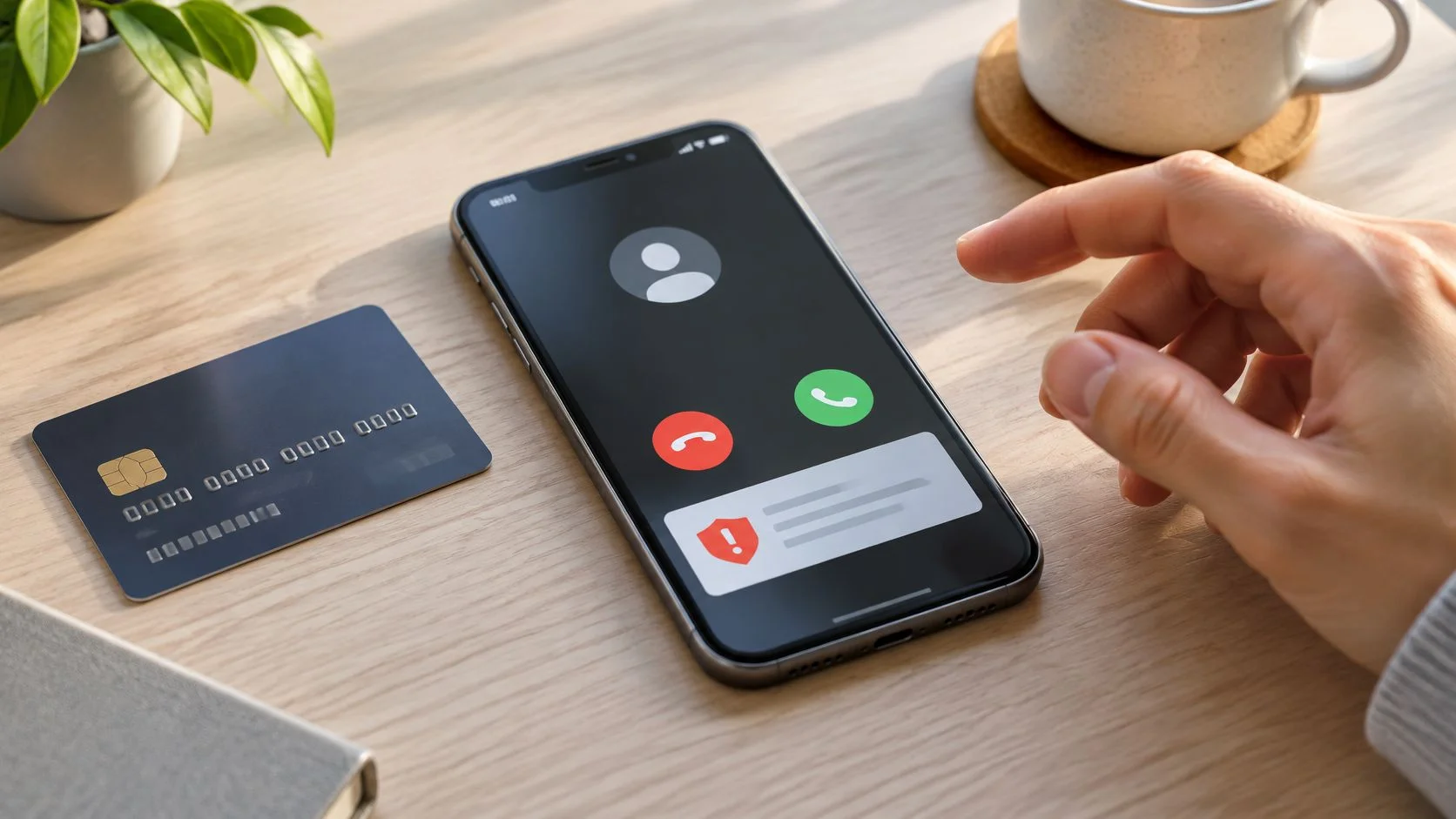 A person's hand reaches for a smartphone showing a potential scam call with a security alert.