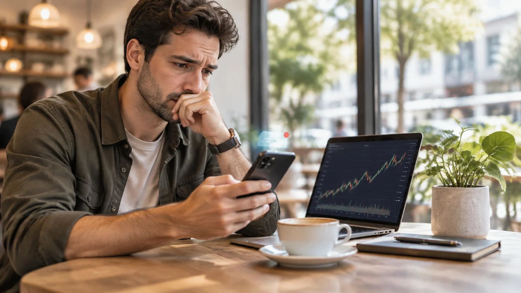 A concerned young man looking at his smartphone while monitoring a financial stock chart on his laptop.