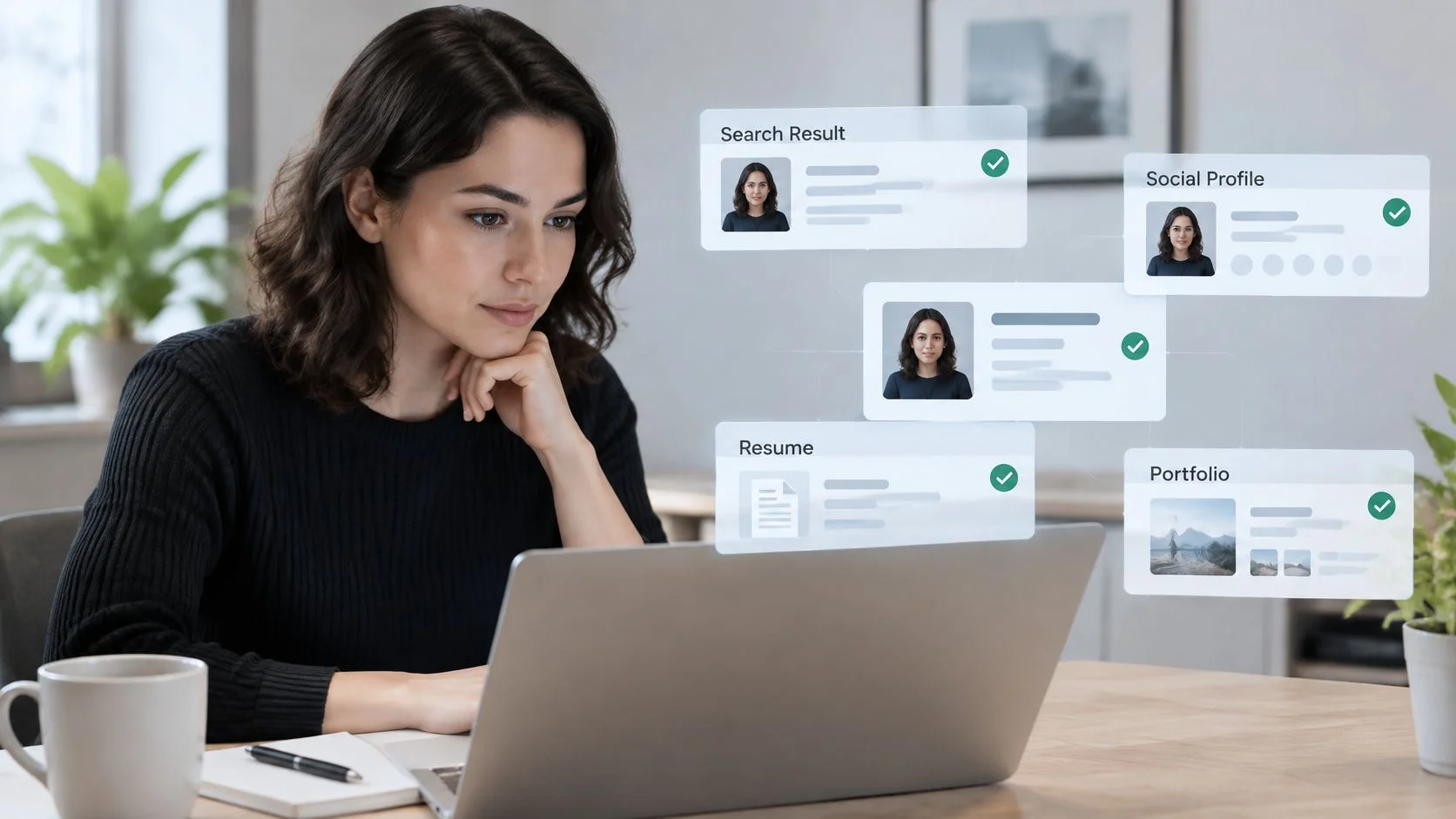 A professional woman monitoring her digital footprint through various virtual profile and reputation management interfaces on laptop.