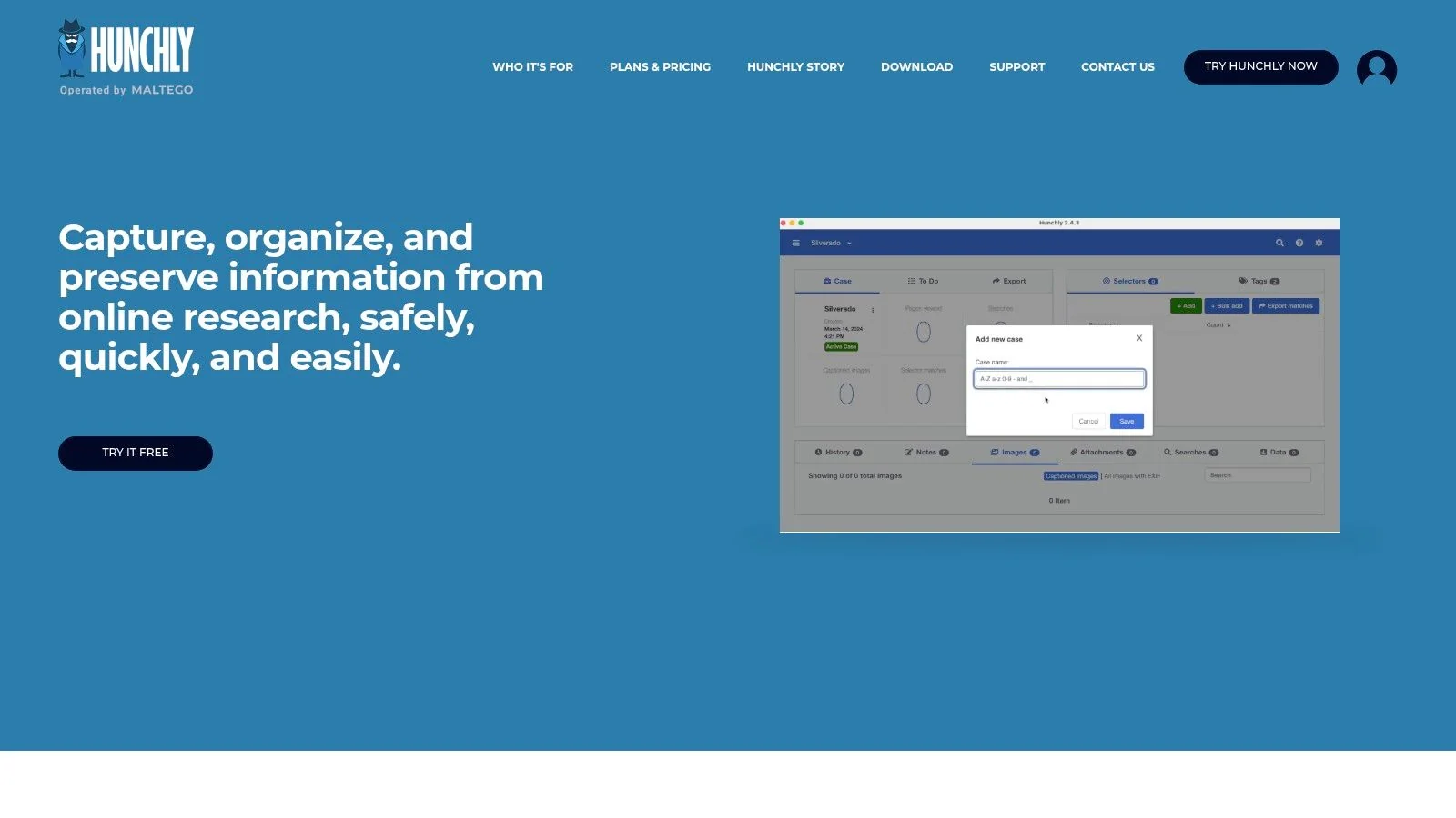 Hunchly's case management dashboard showing captured web pages and data.