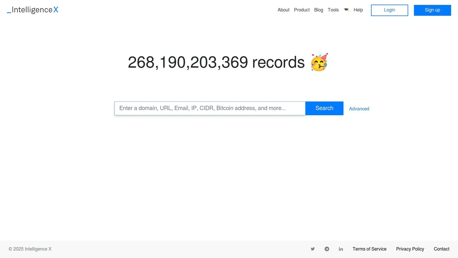 The Intelligence X search interface showing various data selectors.