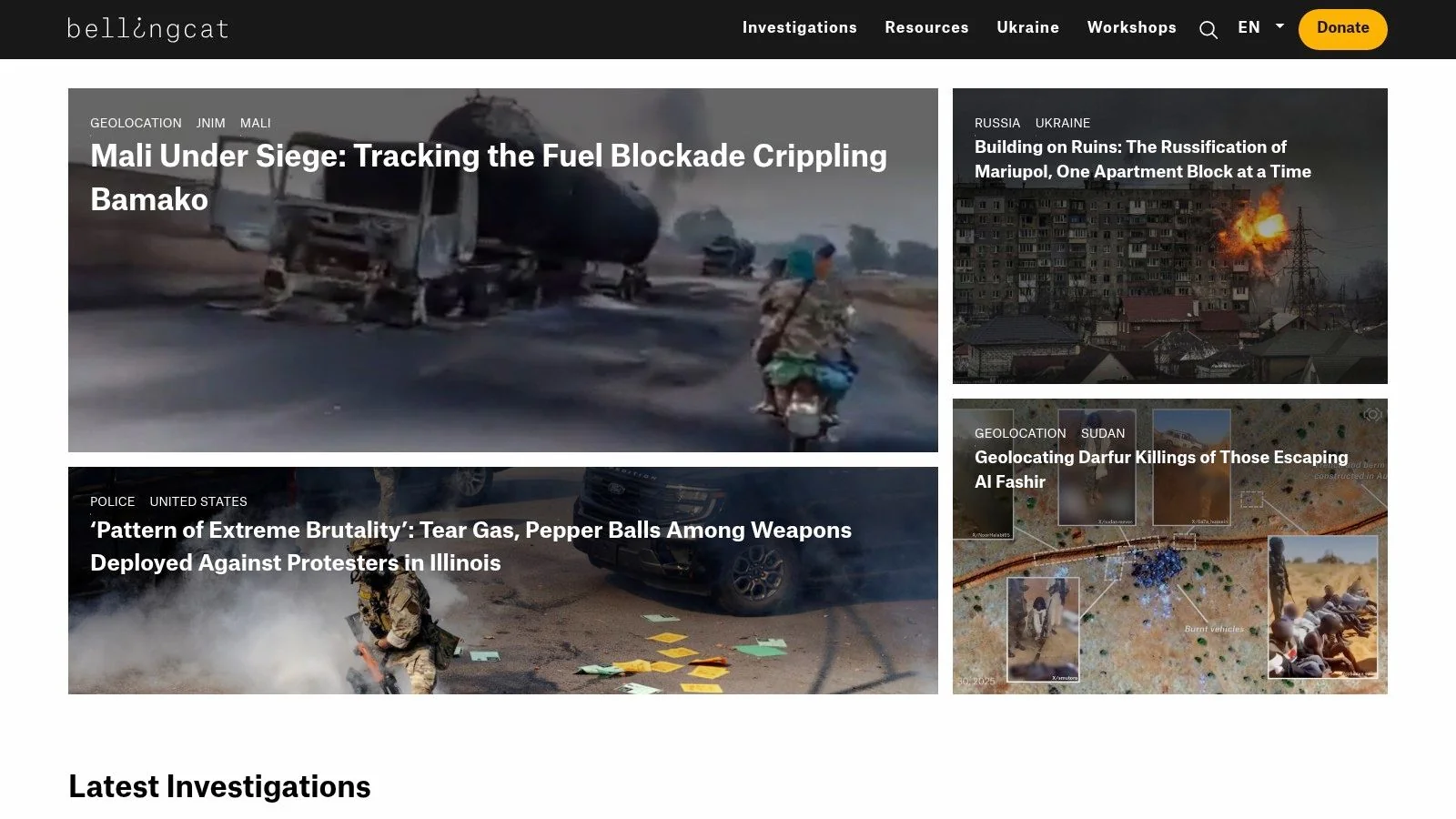 Bellingcat's homepage featuring articles and investigative guides.