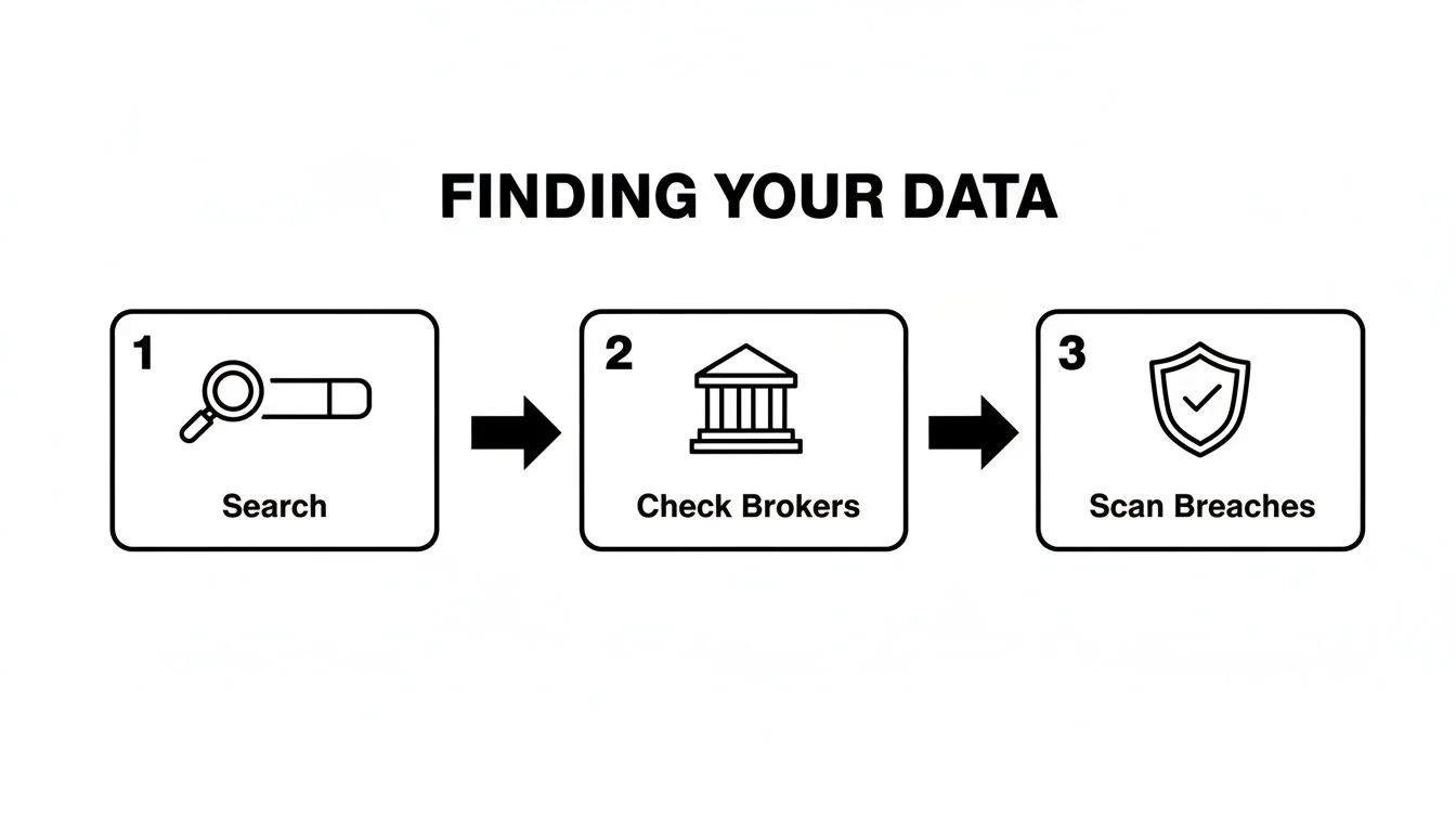 A three-step diagram illustrating how to find your data: search, check brokers, and scan breaches.