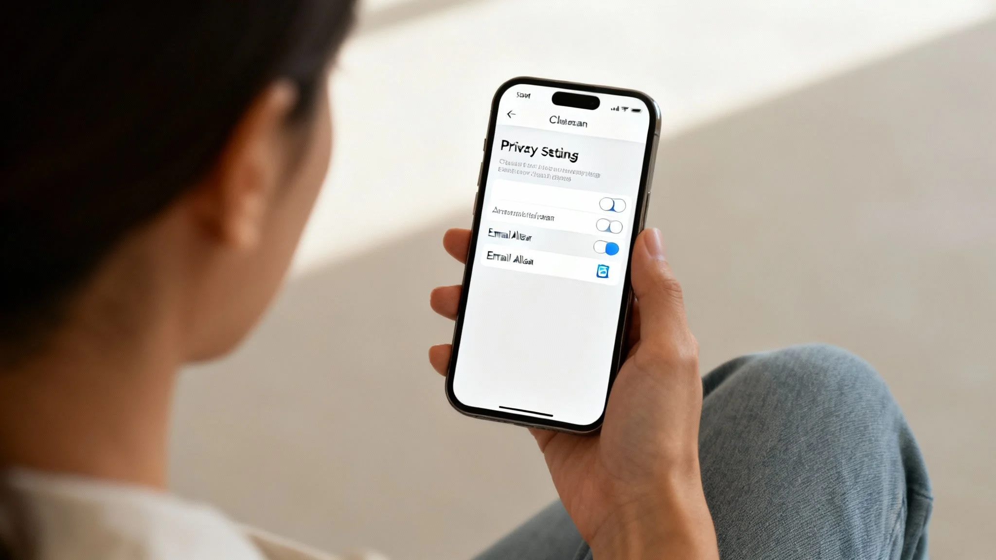 A person holds a smartphone showing a privacy settings screen with toggle switches for email alias options.