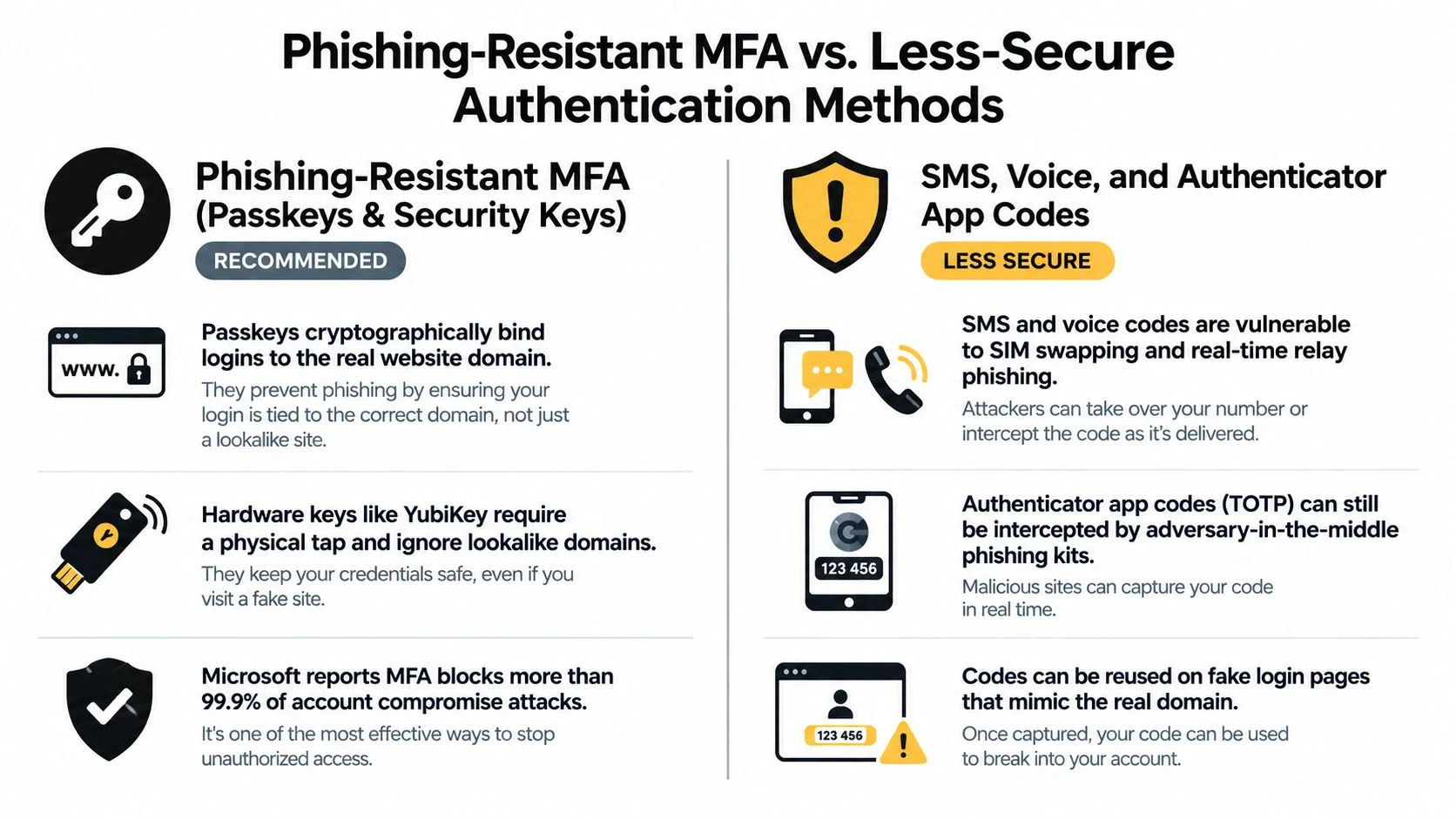 A comparison chart showing why phishing-resistant MFA is more secure than traditional SMS and authenticator app codes.