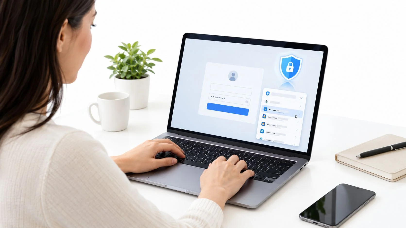A woman working on a laptop displaying a secure login form with password manager suggestions.