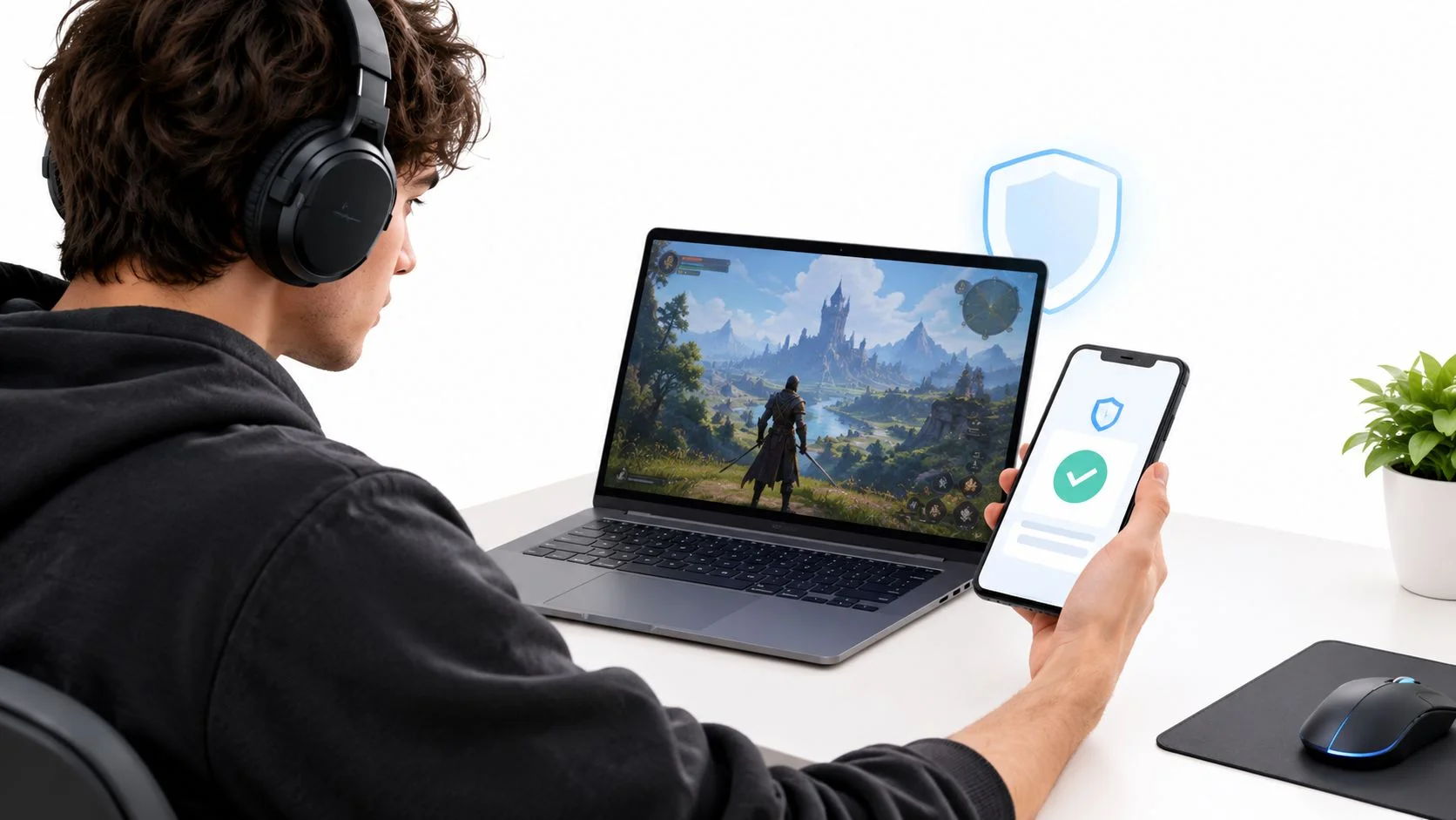 A gamer using a laptop for gaming while holding a smartphone with a security verification icon displayed.