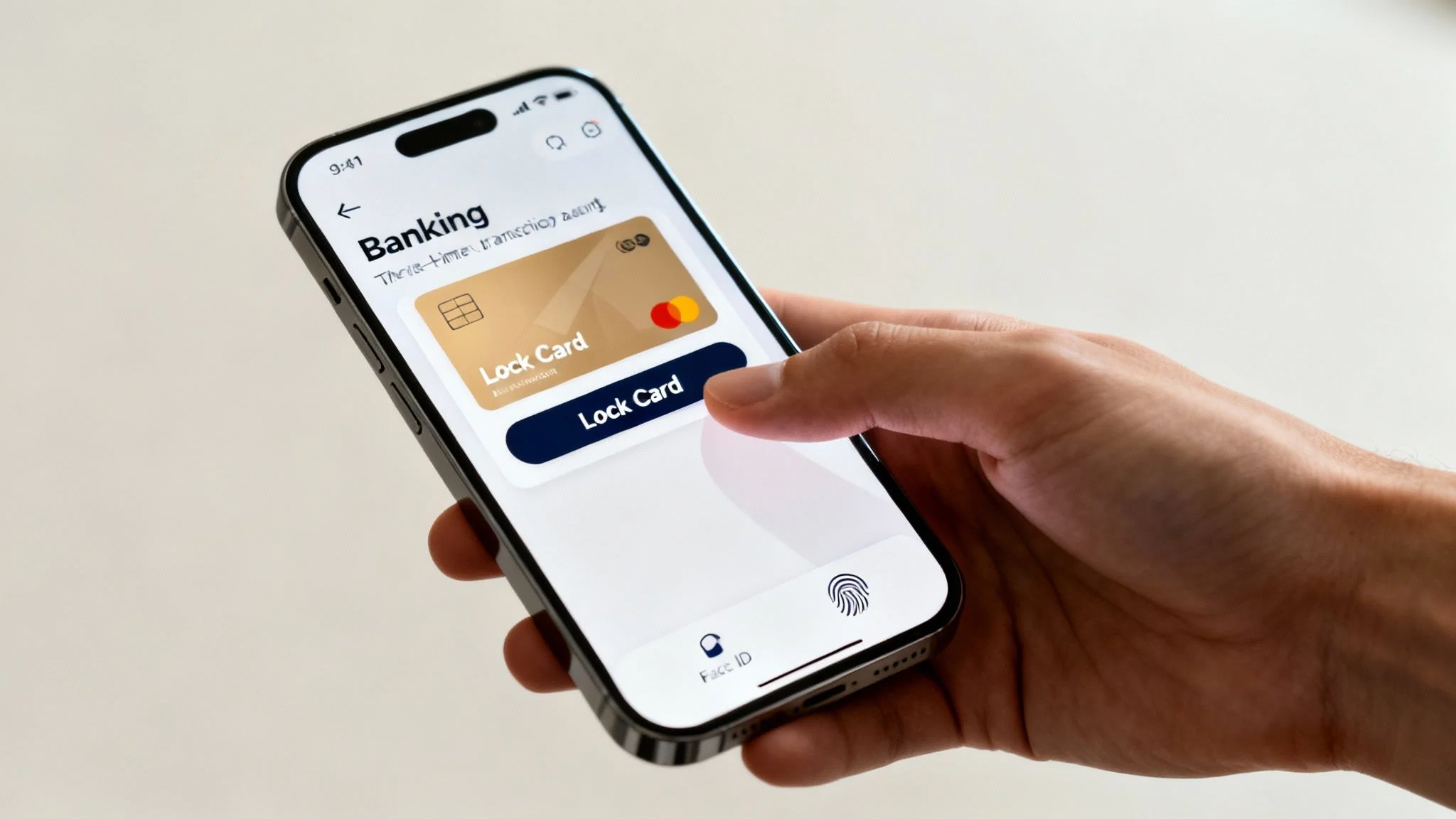 A hand holds a smartphone displaying a banking app with a gold credit card and a 'Lock Card' button being pressed.