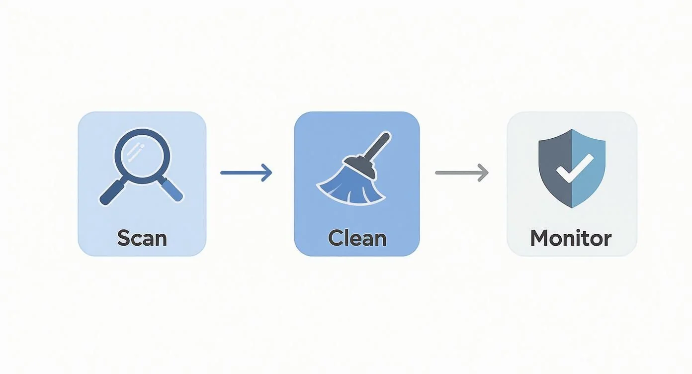 Process flow diagram illustrating three steps: Scan (magnifying glass), Clean (broom), and Monitor (shield with checkmark).
