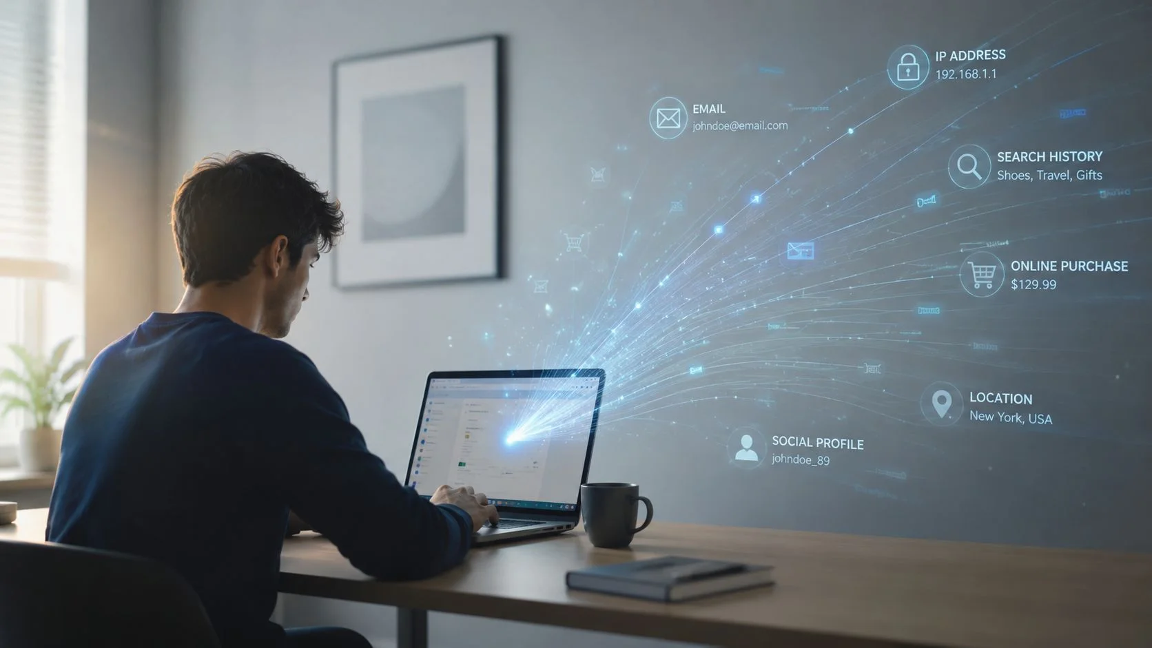 A person using a laptop with digital data visualizations showing personal information like location and purchase history.