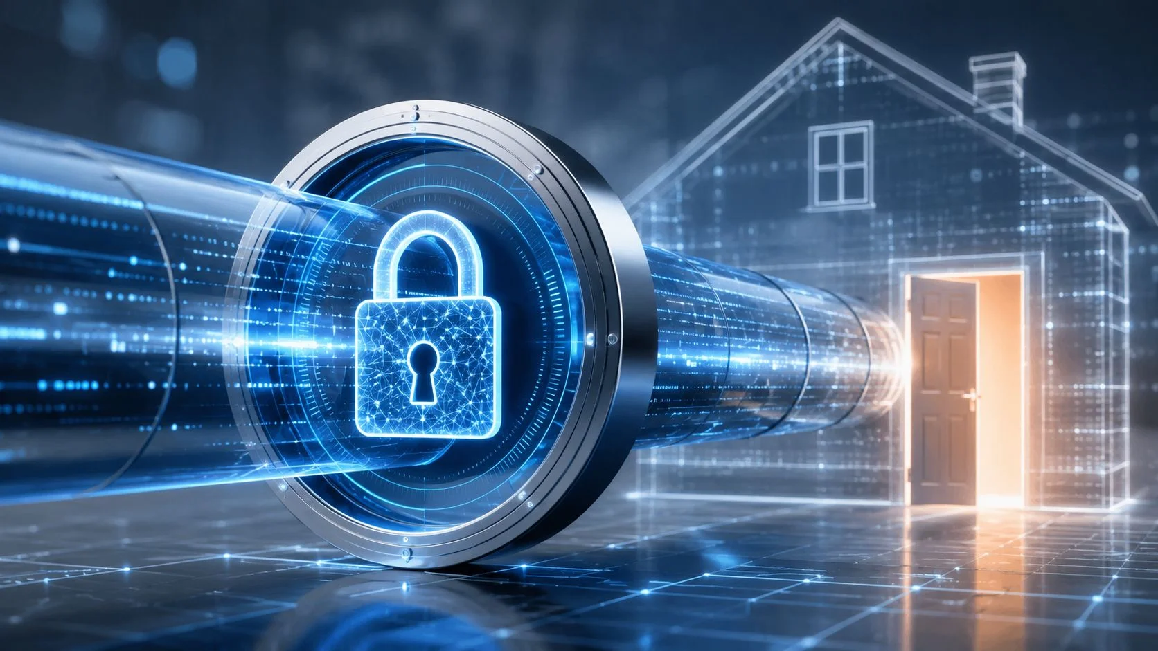 A digital representation of a secure data tunnel leading into a house, symbolizing home network protection.