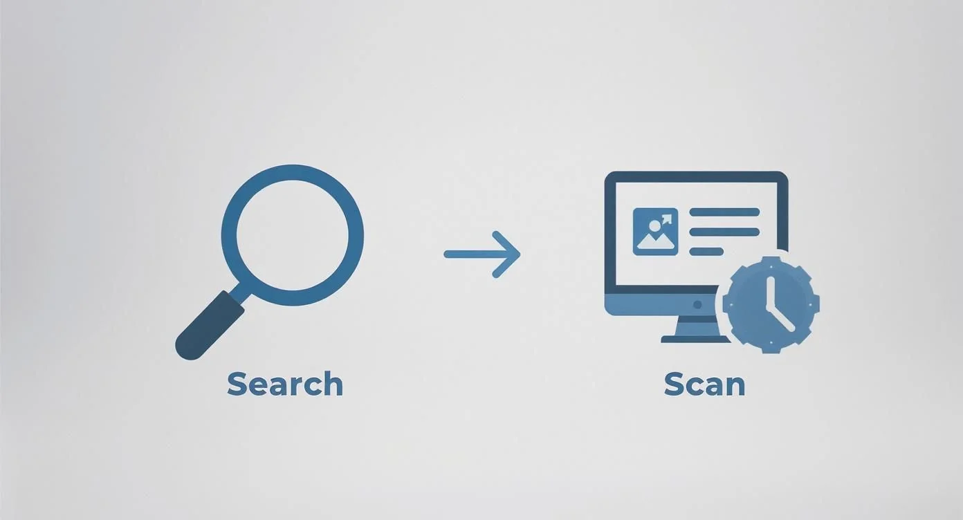 Infographic showing a two-step process: A magnifying glass icon for 'Search' points to a computer screen icon for 'Scan'.