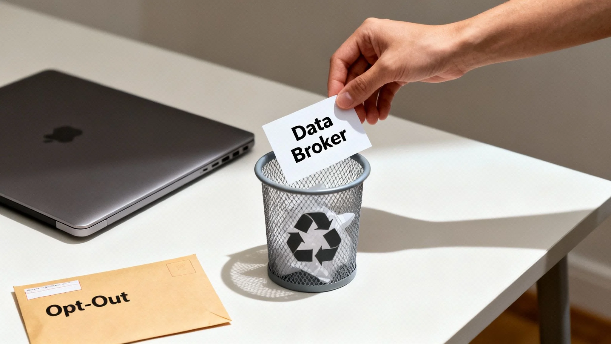 A hand discards a "Data Broker" card into a recycling bin, beside an "Opt-Out" envelope and laptop.