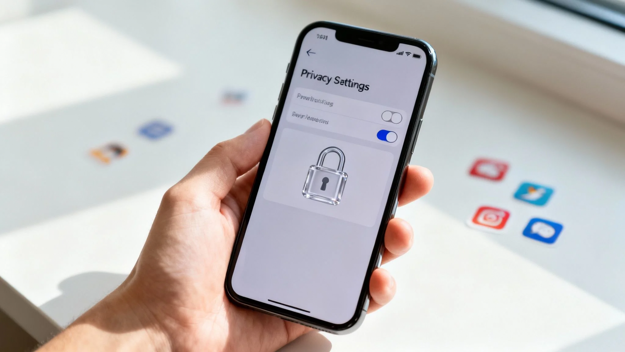 A hand holds a smartphone displaying privacy settings with a prominent padlock icon.