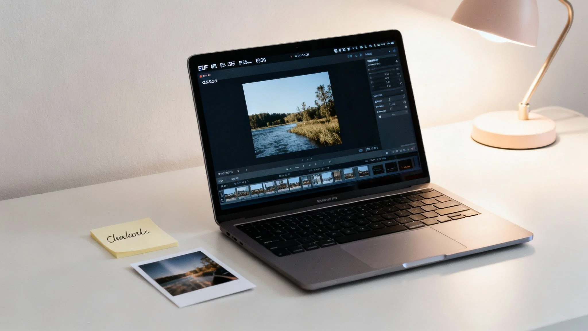A laptop on a white desk shows a river photo in editing software, with a sticky note and instant print.