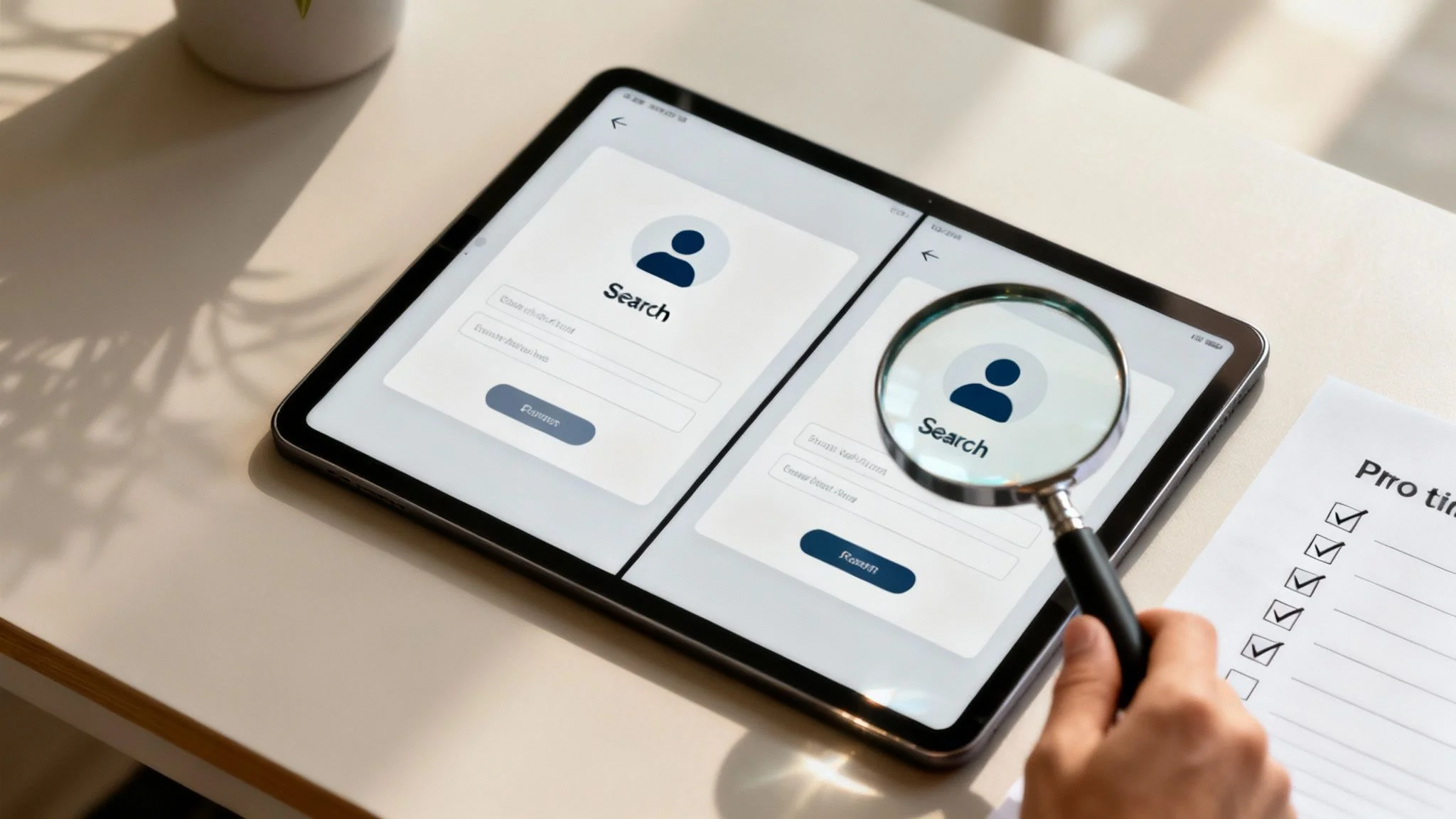 A magnifying glass hovering over a computer screen, symbolizing a digital search for an email address.