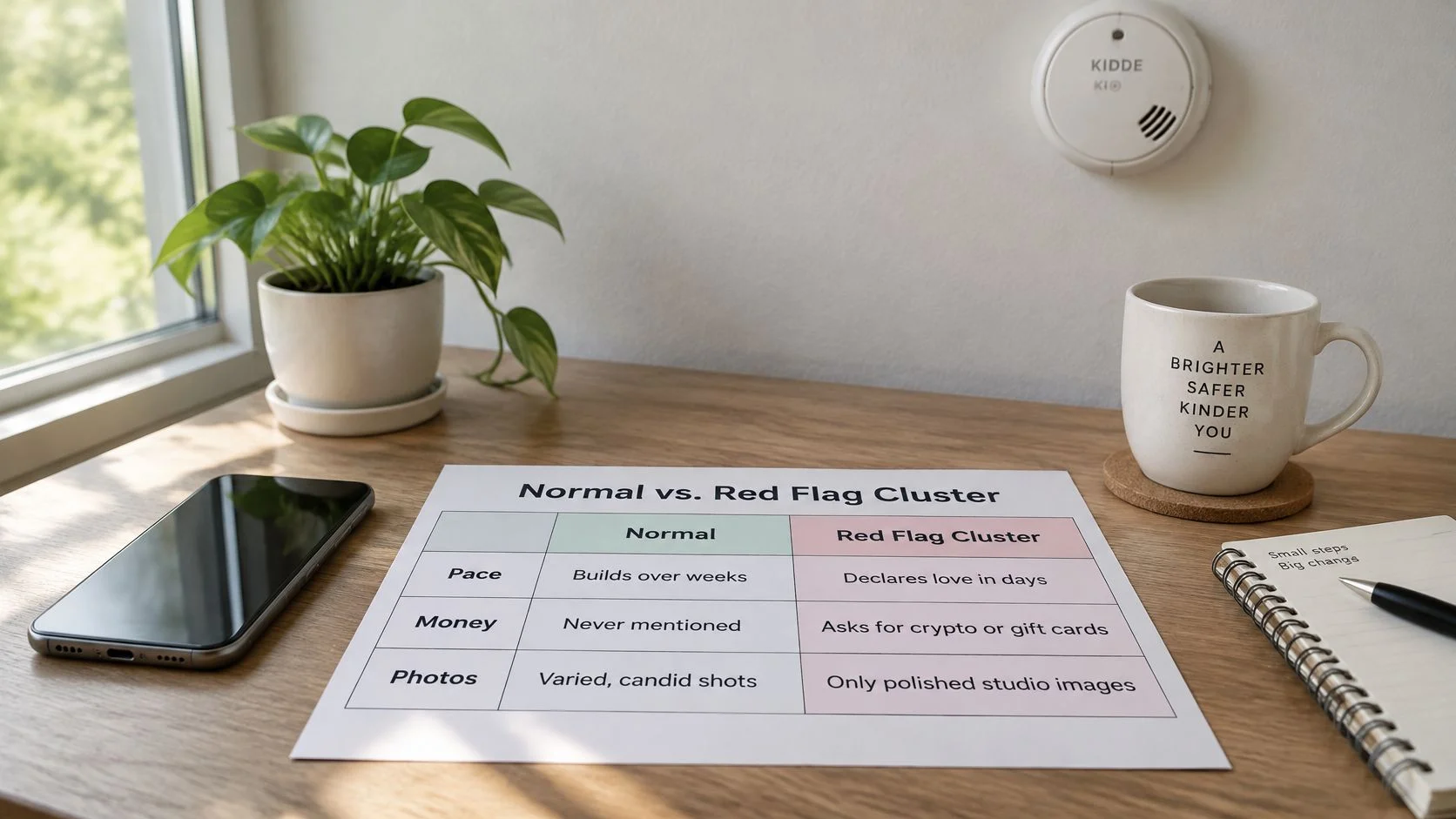 A printed table comparing normal dating behaviors versus red flags placed on a wooden desk with office items.