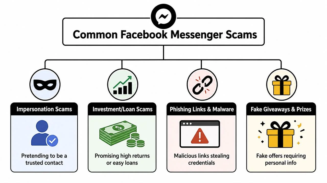 A flowchart infographic displaying four common types of Facebook Messenger scams including impersonation, investments, phishing, and giveaways.