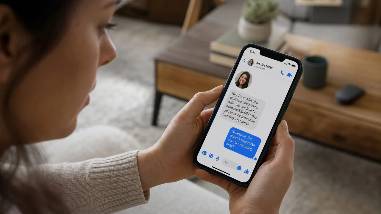 A woman looks at her phone screen while reading a suspicious request for money on Facebook Messenger.