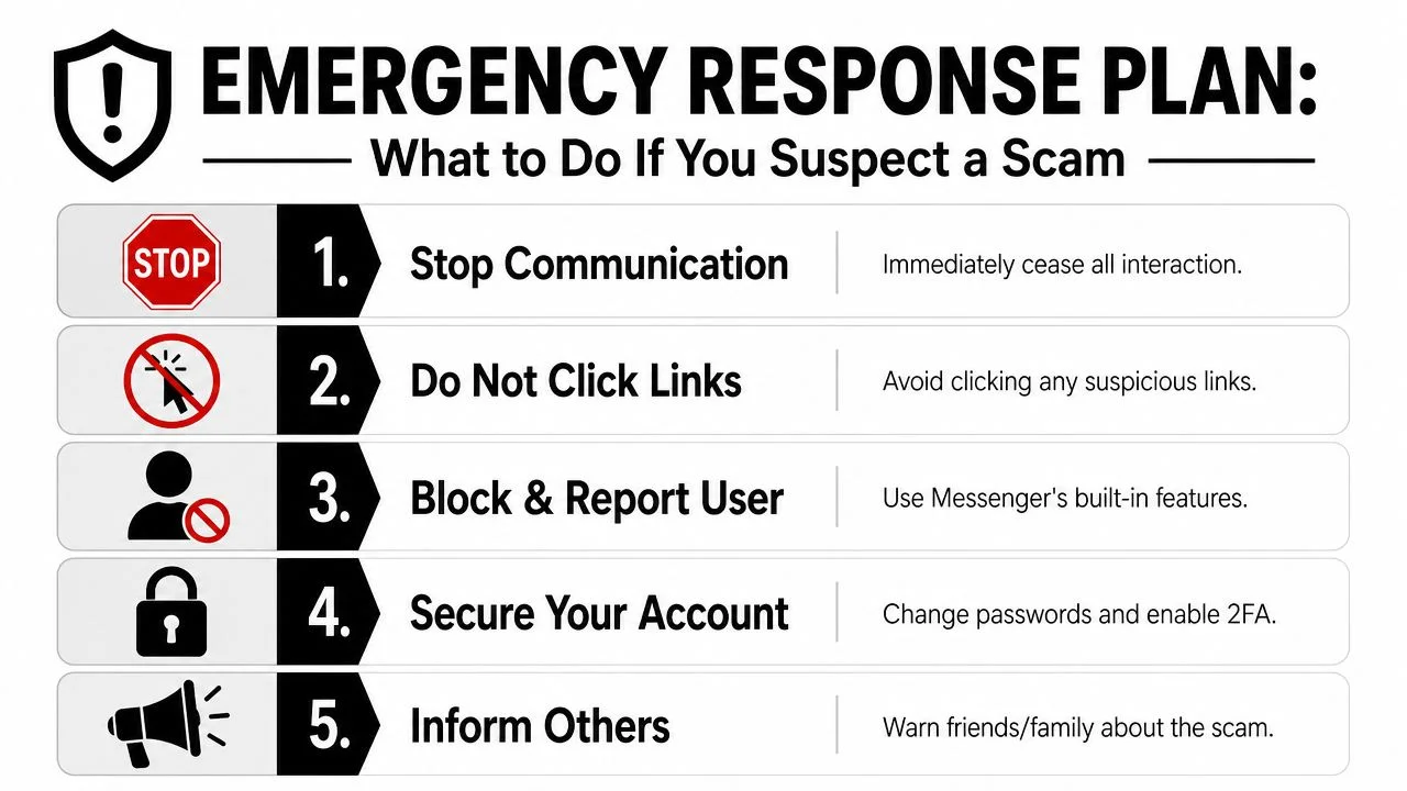 A five-step emergency response plan infographic for dealing with suspected scams on Facebook Messenger, presented clearly.