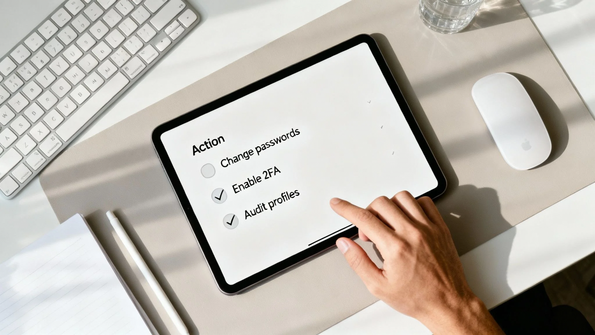 Top-down view of a modern workspace with an iPad showing a digital security checklist and a hand interacting.
