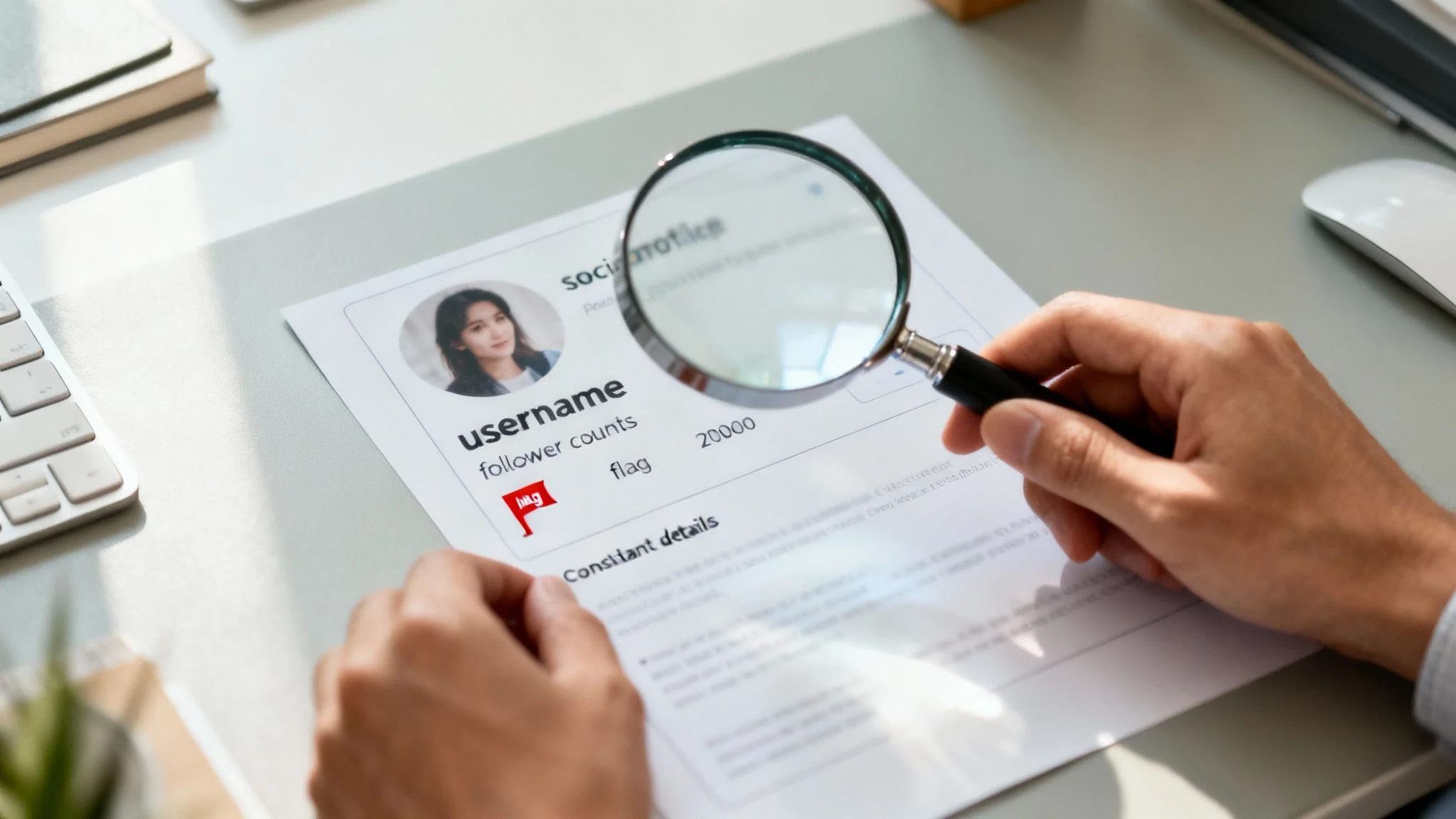 A person uses a magnifying glass to examine a social media profile document with username and follower counts.