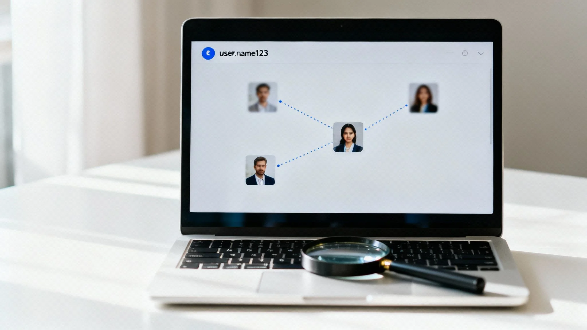 Laptop displaying a user network with connected profiles and a magnifying glass on the keyboard.