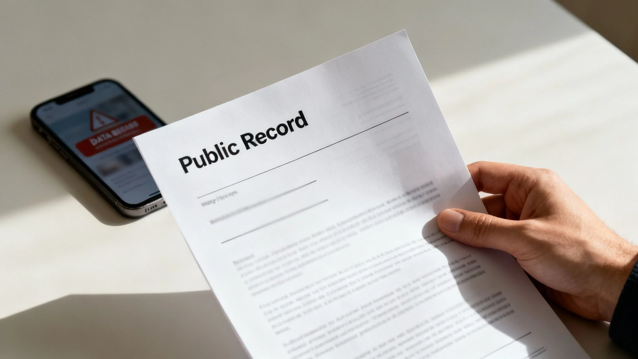 A person holds a 'Public Record' document, with a smartphone in the background displaying a 'Data Breach' warning.