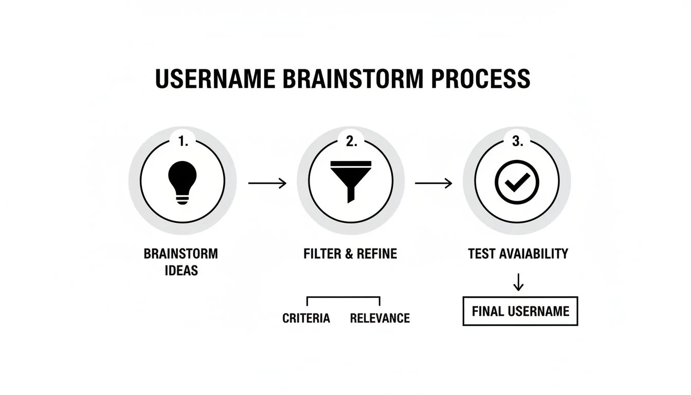 A diagram illustrating a 3-step username brainstorm process: brainstorm ideas, filter & refine, and test availability to find a final username.