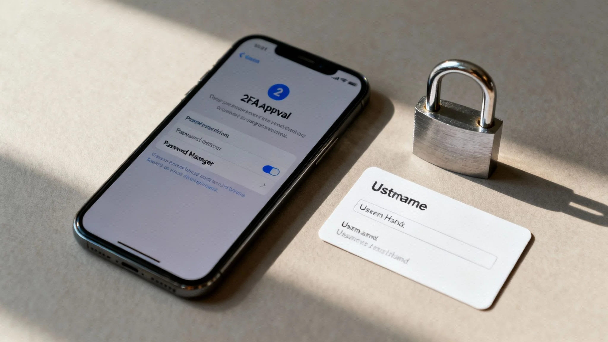 A smartphone displaying a 2FA approval screen next to a padlock and a card for username.