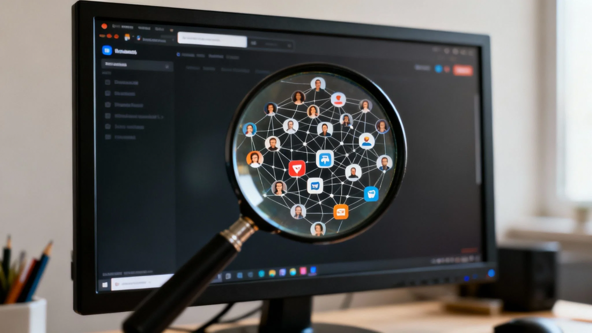 A magnifying glass magnifies a network of user avatars and app icons on a computer monitor.