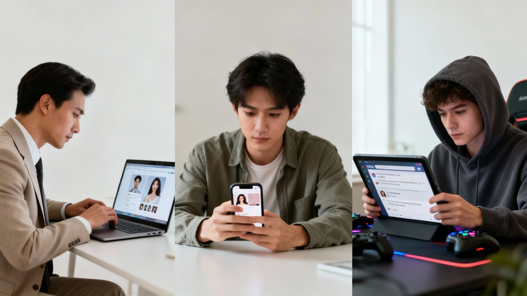 Three individuals using a laptop, smartphone, and tablet to browse online profiles and content.