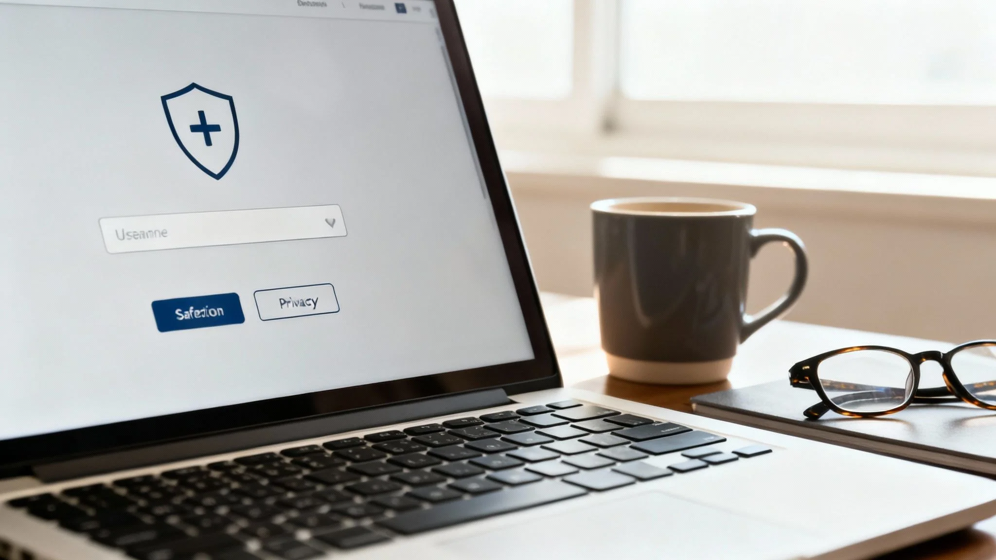 A laptop displays a login screen with a security shield icon, username field, and buttons, next to a coffee mug and glasses on a desk.