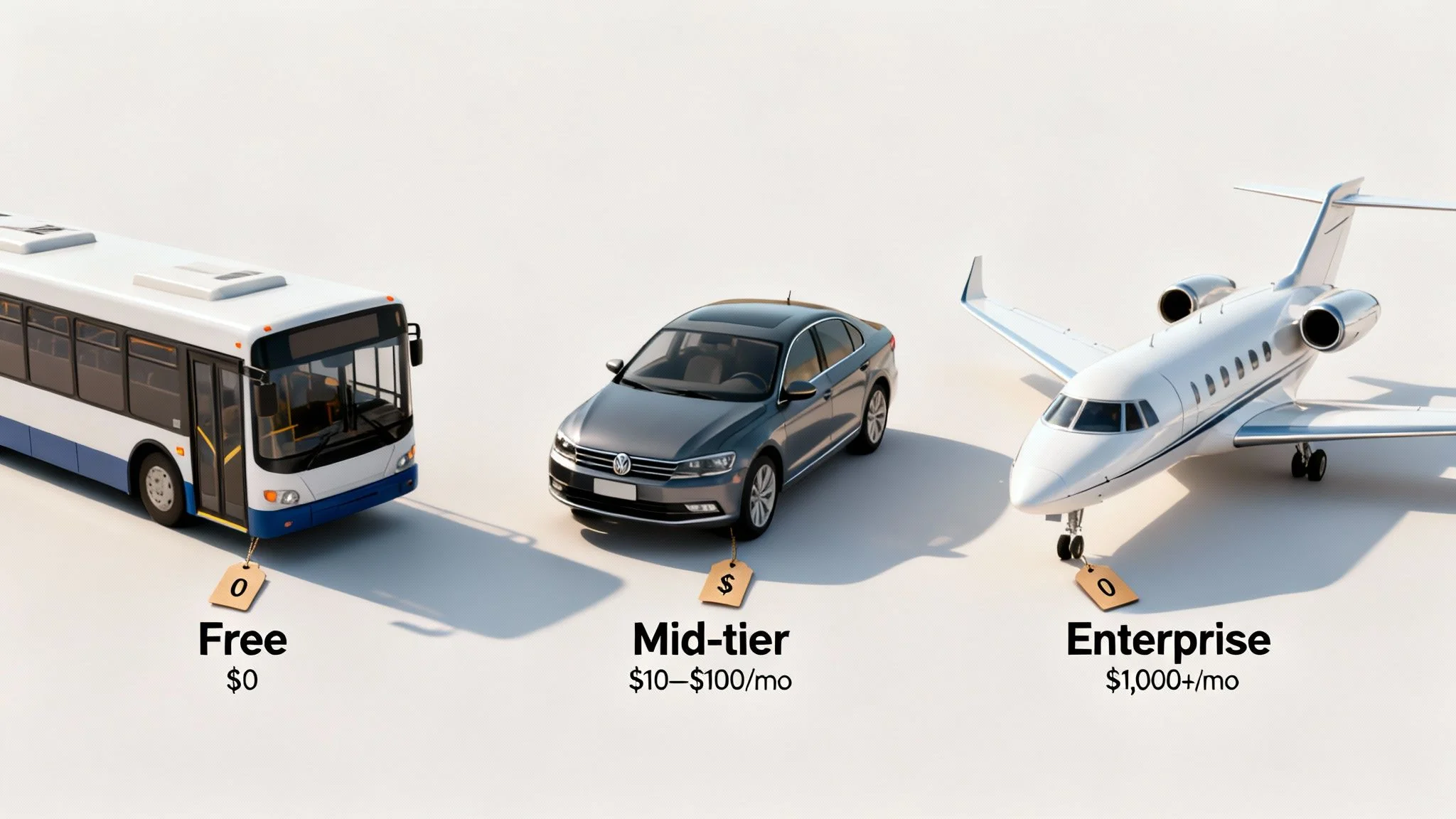 Three vehicles (bus, car, and jet) illustrate different service tiers: free, mid-tier, and enterprise.