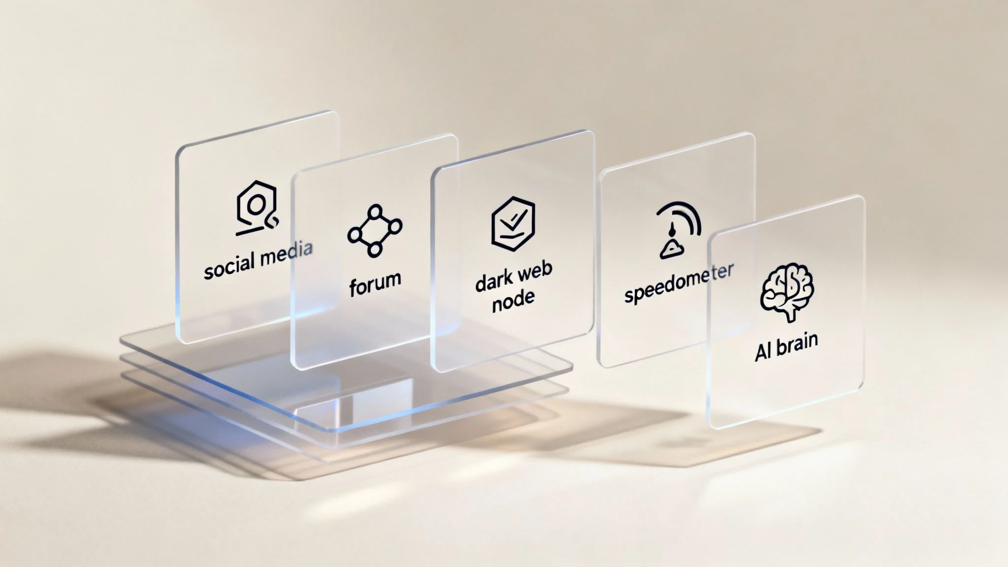 Abstract image of transparent cards showing digital concepts: social media, forum, dark web, speedometer, and AI brain.