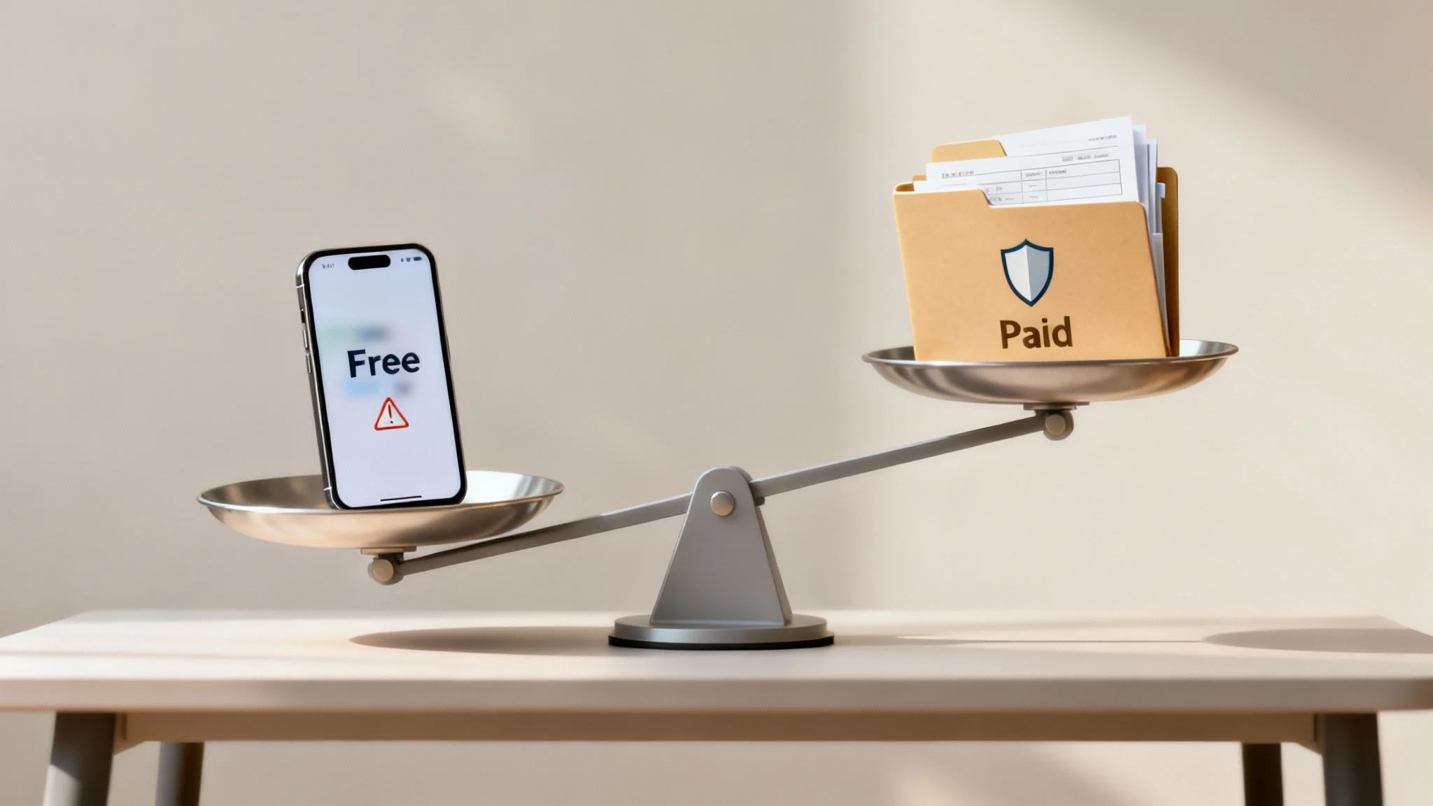 A balance scale shows a phone with 'Free' and a warning, outweighing a folder with 'Paid' and a shield.