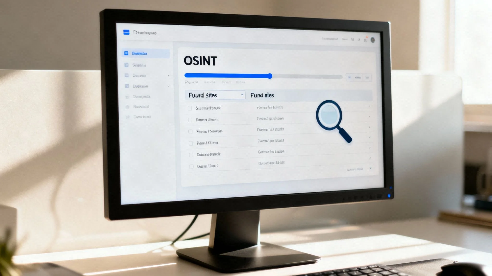 A computer monitor displays an OSINT application with 'Found sites' and 'Fund files' tabs, featuring a magnifying glass icon.